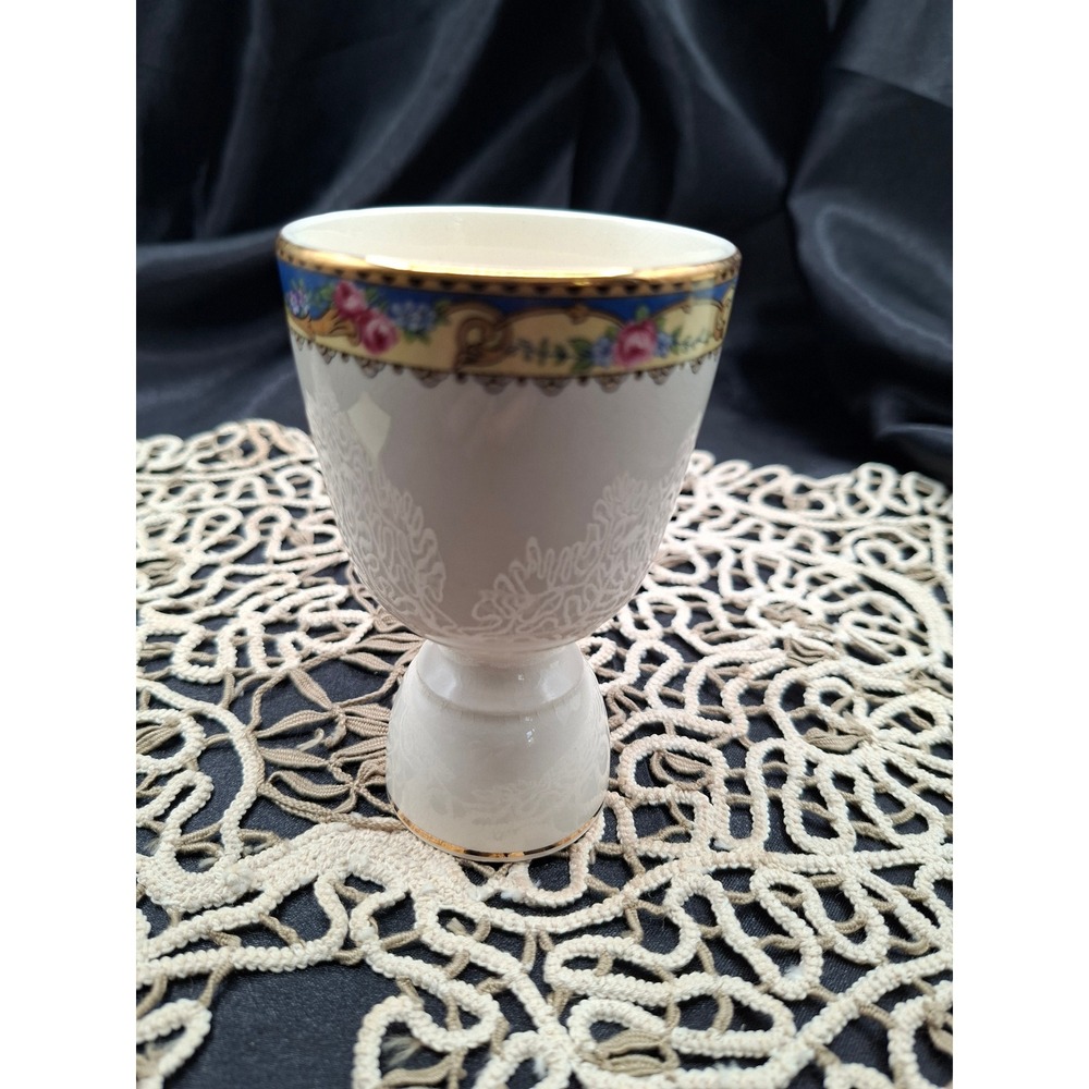 Vintage Porcelain Double Ended Egg Cup Floral Rose Gold Trim Gilt Ceramic